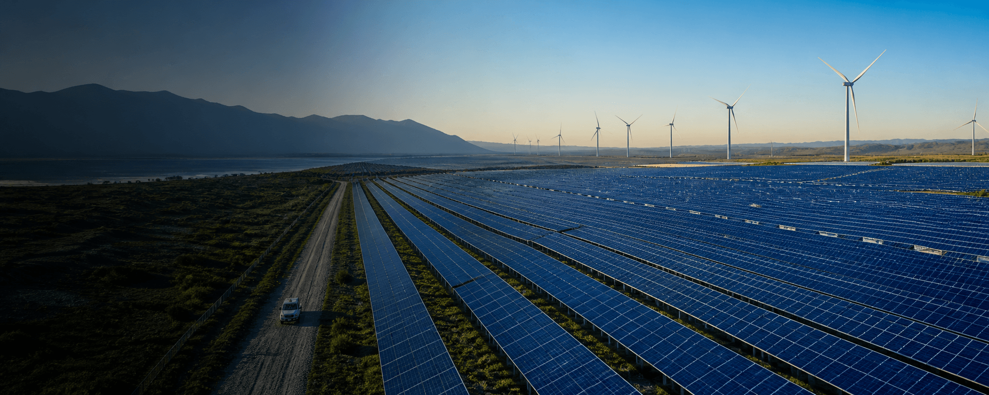 Utility-scale solar and wind assets with a field service vehicle operating across the site
